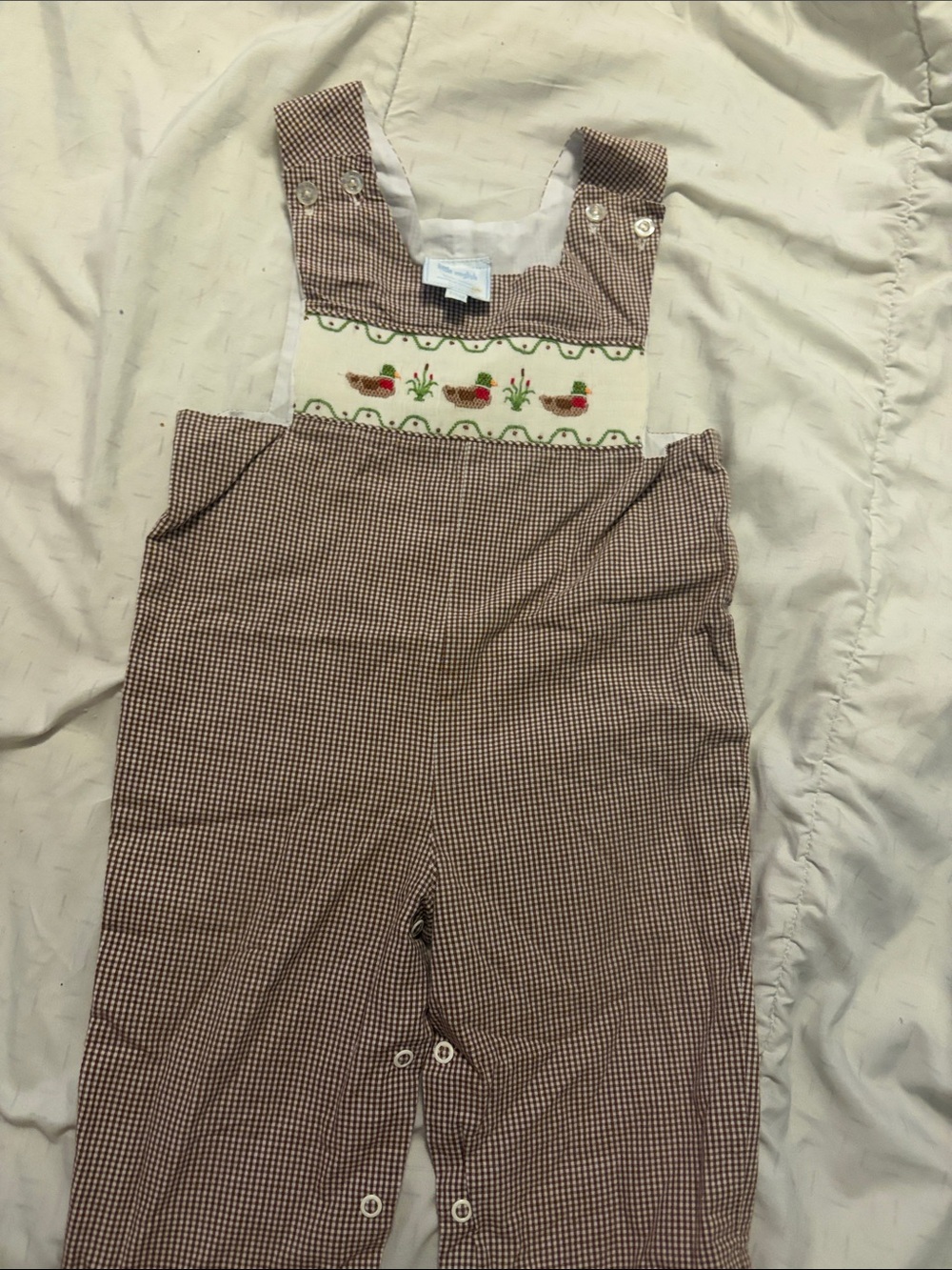 Little English Brown Gingham Smocked Overalls with Duck Motif